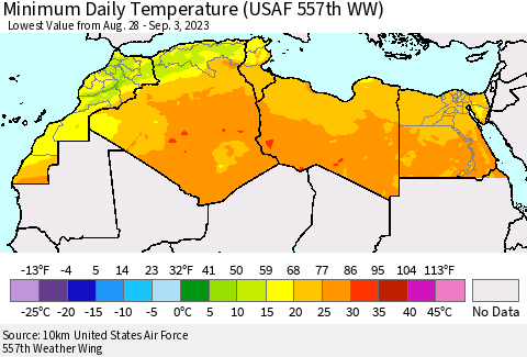 North Africa Minimum Daily Temperature (USAF 557th WW) Thematic Map For 8/28/2023 - 9/3/2023