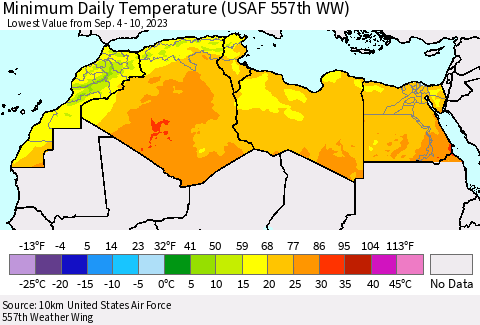 North Africa Minimum Daily Temperature (USAF 557th WW) Thematic Map For 9/4/2023 - 9/10/2023