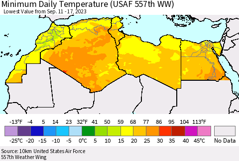 North Africa Minimum Daily Temperature (USAF 557th WW) Thematic Map For 9/11/2023 - 9/17/2023