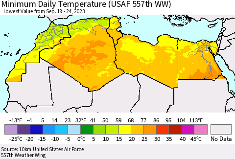 North Africa Minimum Daily Temperature (USAF 557th WW) Thematic Map For 9/18/2023 - 9/24/2023