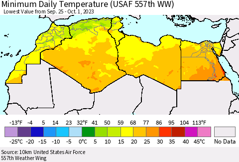 North Africa Minimum Daily Temperature (USAF 557th WW) Thematic Map For 9/25/2023 - 10/1/2023