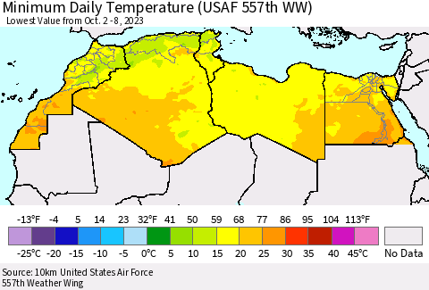 North Africa Minimum Daily Temperature (USAF 557th WW) Thematic Map For 10/2/2023 - 10/8/2023