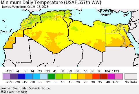 North Africa Minimum Daily Temperature (USAF 557th WW) Thematic Map For 10/9/2023 - 10/15/2023