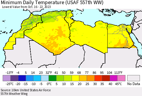 North Africa Minimum Daily Temperature (USAF 557th WW) Thematic Map For 10/16/2023 - 10/22/2023