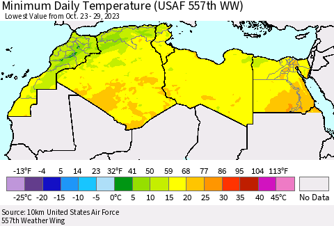 North Africa Minimum Daily Temperature (USAF 557th WW) Thematic Map For 10/23/2023 - 10/29/2023