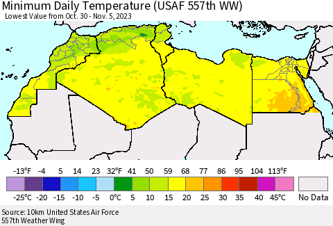 North Africa Minimum Daily Temperature (USAF 557th WW) Thematic Map For 10/30/2023 - 11/5/2023