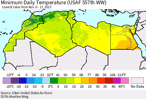 North Africa Minimum Daily Temperature (USAF 557th WW) Thematic Map For 11/6/2023 - 11/12/2023