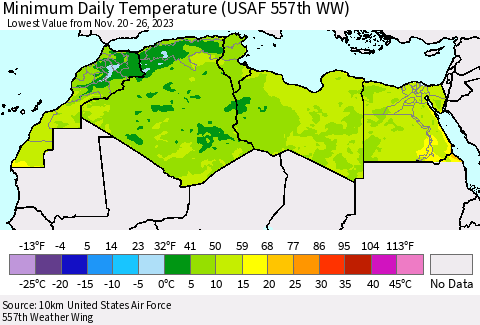 North Africa Minimum Daily Temperature (USAF 557th WW) Thematic Map For 11/20/2023 - 11/26/2023