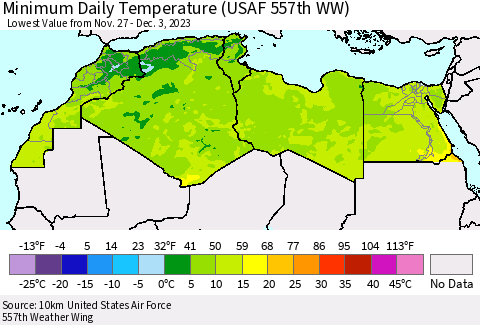 North Africa Minimum Daily Temperature (USAF 557th WW) Thematic Map For 11/27/2023 - 12/3/2023