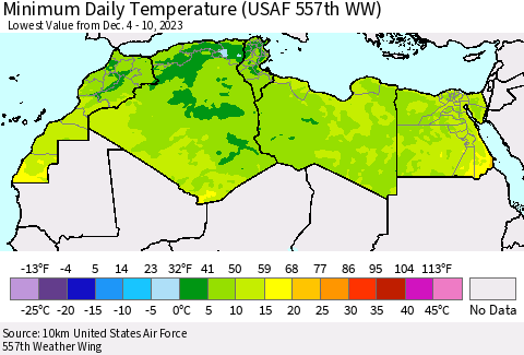 North Africa Minimum Daily Temperature (USAF 557th WW) Thematic Map For 12/4/2023 - 12/10/2023