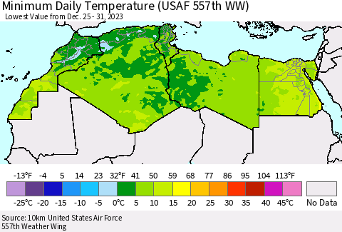 North Africa Minimum Daily Temperature (USAF 557th WW) Thematic Map For 12/25/2023 - 12/31/2023