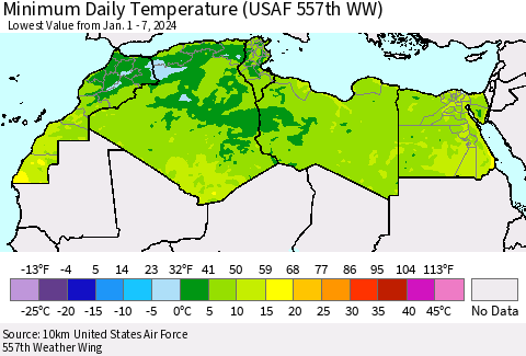 North Africa Minimum Daily Temperature (USAF 557th WW) Thematic Map For 1/1/2024 - 1/7/2024