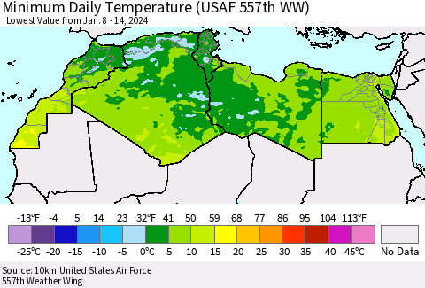 North Africa Minimum Daily Temperature (USAF 557th WW) Thematic Map For 1/8/2024 - 1/14/2024