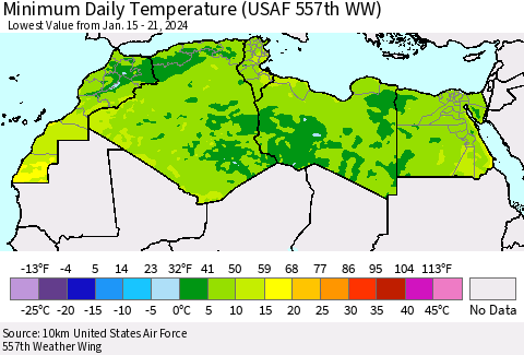 North Africa Minimum Daily Temperature (USAF 557th WW) Thematic Map For 1/15/2024 - 1/21/2024