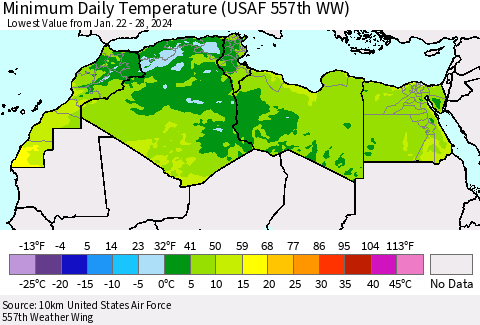North Africa Minimum Daily Temperature (USAF 557th WW) Thematic Map For 1/22/2024 - 1/28/2024