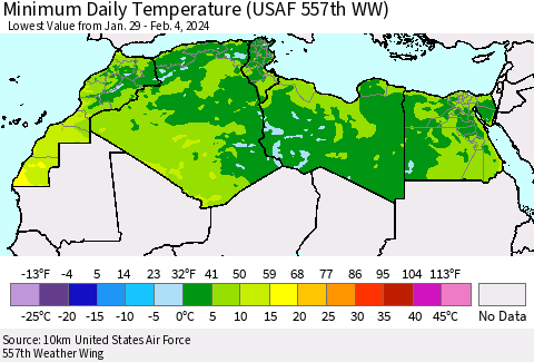 North Africa Minimum Daily Temperature (USAF 557th WW) Thematic Map For 1/29/2024 - 2/4/2024