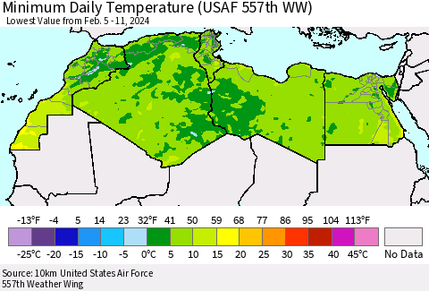 North Africa Minimum Daily Temperature (USAF 557th WW) Thematic Map For 2/5/2024 - 2/11/2024