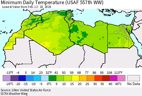 North Africa Minimum Daily Temperature (USAF 557th WW) Thematic Map For 2/12/2024 - 2/18/2024