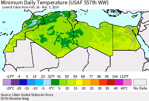 North Africa Minimum Daily Temperature (USAF 557th WW) Thematic Map For 2/26/2024 - 3/3/2024