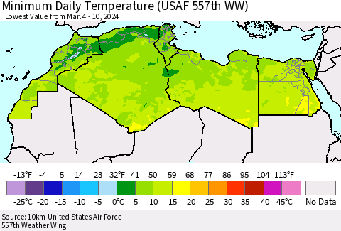 North Africa Minimum Daily Temperature (USAF 557th WW) Thematic Map For 3/4/2024 - 3/10/2024