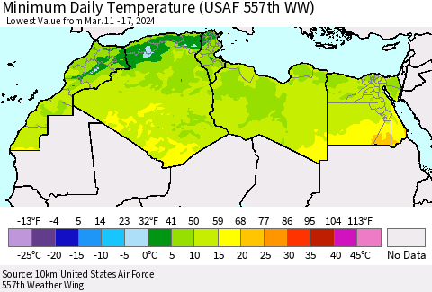 North Africa Minimum Daily Temperature (USAF 557th WW) Thematic Map For 3/11/2024 - 3/17/2024