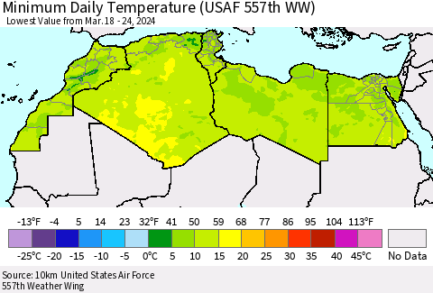North Africa Minimum Daily Temperature (USAF 557th WW) Thematic Map For 3/18/2024 - 3/24/2024