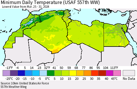 North Africa Minimum Daily Temperature (USAF 557th WW) Thematic Map For 3/25/2024 - 3/31/2024