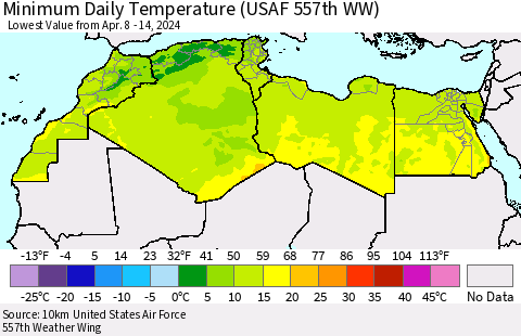 North Africa Minimum Daily Temperature (USAF 557th WW) Thematic Map For 4/8/2024 - 4/14/2024