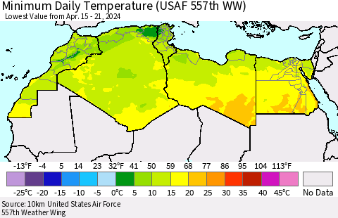 North Africa Minimum Daily Temperature (USAF 557th WW) Thematic Map For 4/15/2024 - 4/21/2024