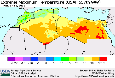 North Africa Maximum Daily Temperature (USAF 557th WW) Thematic Map For 3/5/2018 - 3/11/2018