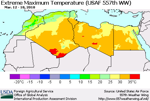 North Africa Maximum Daily Temperature (USAF 557th WW) Thematic Map For 3/12/2018 - 3/18/2018