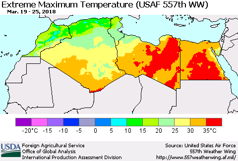 North Africa Maximum Daily Temperature (USAF 557th WW) Thematic Map For 3/19/2018 - 3/25/2018