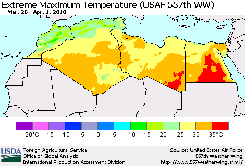 North Africa Maximum Daily Temperature (USAF 557th WW) Thematic Map For 3/26/2018 - 4/1/2018