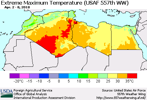 North Africa Maximum Daily Temperature (USAF 557th WW) Thematic Map For 4/2/2018 - 4/8/2018