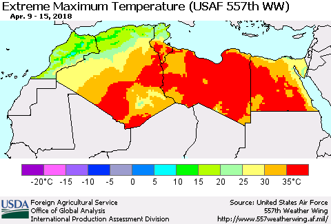 North Africa Maximum Daily Temperature (USAF 557th WW) Thematic Map For 4/9/2018 - 4/15/2018