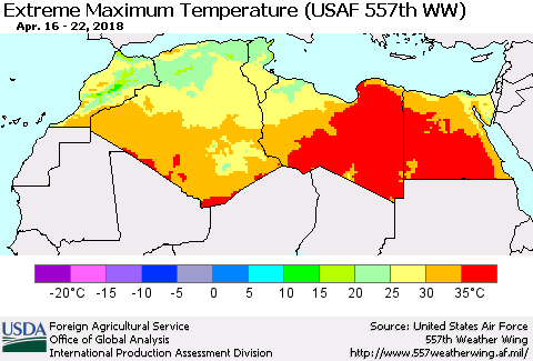 North Africa Maximum Daily Temperature (USAF 557th WW) Thematic Map For 4/16/2018 - 4/22/2018