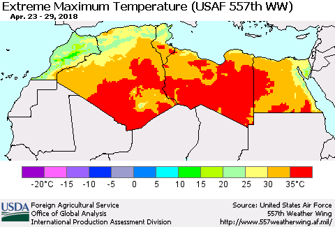North Africa Maximum Daily Temperature (USAF 557th WW) Thematic Map For 4/23/2018 - 4/29/2018