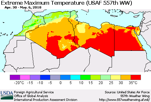 North Africa Maximum Daily Temperature (USAF 557th WW) Thematic Map For 4/30/2018 - 5/6/2018
