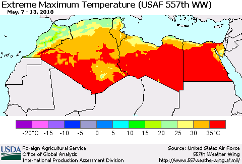 North Africa Maximum Daily Temperature (USAF 557th WW) Thematic Map For 5/7/2018 - 5/13/2018
