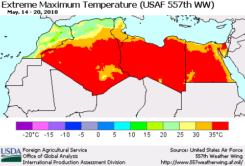 North Africa Maximum Daily Temperature (USAF 557th WW) Thematic Map For 5/14/2018 - 5/20/2018