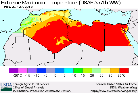 North Africa Maximum Daily Temperature (USAF 557th WW) Thematic Map For 5/21/2018 - 5/27/2018