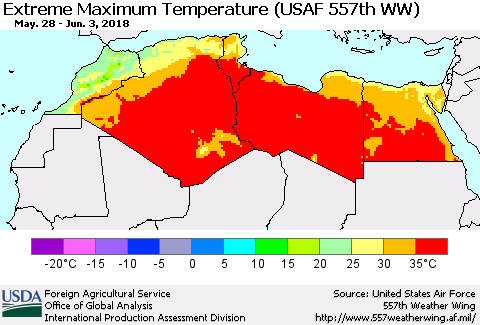 North Africa Maximum Daily Temperature (USAF 557th WW) Thematic Map For 5/28/2018 - 6/3/2018