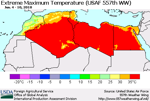 North Africa Maximum Daily Temperature (USAF 557th WW) Thematic Map For 6/4/2018 - 6/10/2018