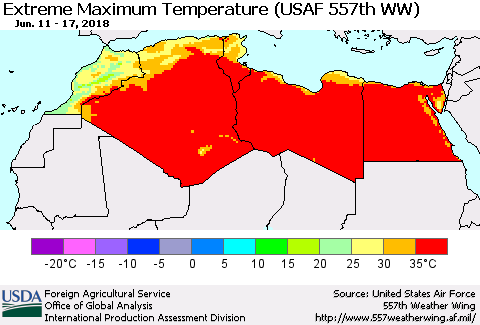 North Africa Maximum Daily Temperature (USAF 557th WW) Thematic Map For 6/11/2018 - 6/17/2018