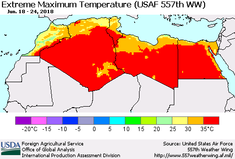 North Africa Maximum Daily Temperature (USAF 557th WW) Thematic Map For 6/18/2018 - 6/24/2018