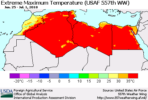 North Africa Maximum Daily Temperature (USAF 557th WW) Thematic Map For 6/25/2018 - 7/1/2018