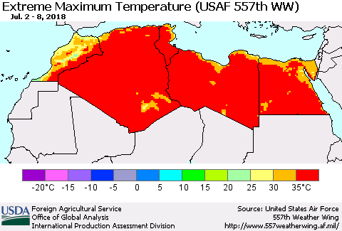 North Africa Maximum Daily Temperature (USAF 557th WW) Thematic Map For 7/2/2018 - 7/8/2018