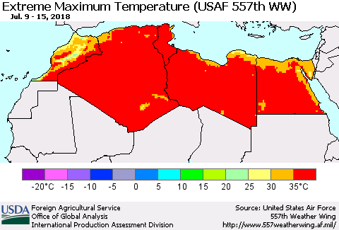 North Africa Maximum Daily Temperature (USAF 557th WW) Thematic Map For 7/9/2018 - 7/15/2018