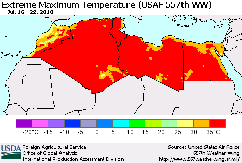 North Africa Maximum Daily Temperature (USAF 557th WW) Thematic Map For 7/16/2018 - 7/22/2018