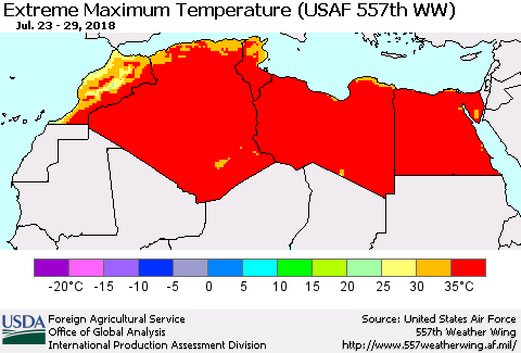 North Africa Maximum Daily Temperature (USAF 557th WW) Thematic Map For 7/23/2018 - 7/29/2018